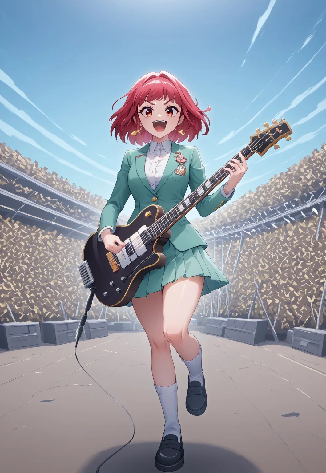 score_9, score_8_up, score_7_up, score_6_up
*Motel_42* *中* *dzktxez*
*Jubilee on AD/DC concert stage playing_instrument electric_guitar!!! She is Wearing a white shirt, green blazer, a crimson tie, and a green pleated skirt*
The video games say play me
Face it on a level but it take you every time
On a one on one
Feeling running down your spine
Nothing gonna save your one last dime 'cause it own you
Through and through
The databank know my number
Says I gotta pay 'cause I made the grade last year
Feel it when I turn the screw
Kick you 'round the world,
there ain't a thing that it can't do
Do to you, yeah
Yeah, satellites send me picture
Get it in the aisle, take it to the world
Spinning like a dynamo
Feel it going 'round and 'round
Running out of chips, you got no line in an 8-bit town
So don't look down, no
If you made them and they made you
Who picked up the bill?
Ain't nobody told you?
Who made you?
Who made who?
Yeah
Nobody told you