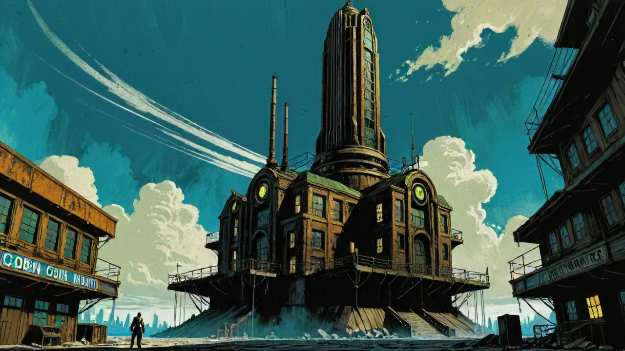 building, bioshock infinite, architecture of a [Magellanic Clouds:Dark matter:4], Sharp and in focus, by Richard Corben, moody, science fiction, ultrasharp, beautiful detailed, striking, positive emotional, exquisite color, theatrical, ambient