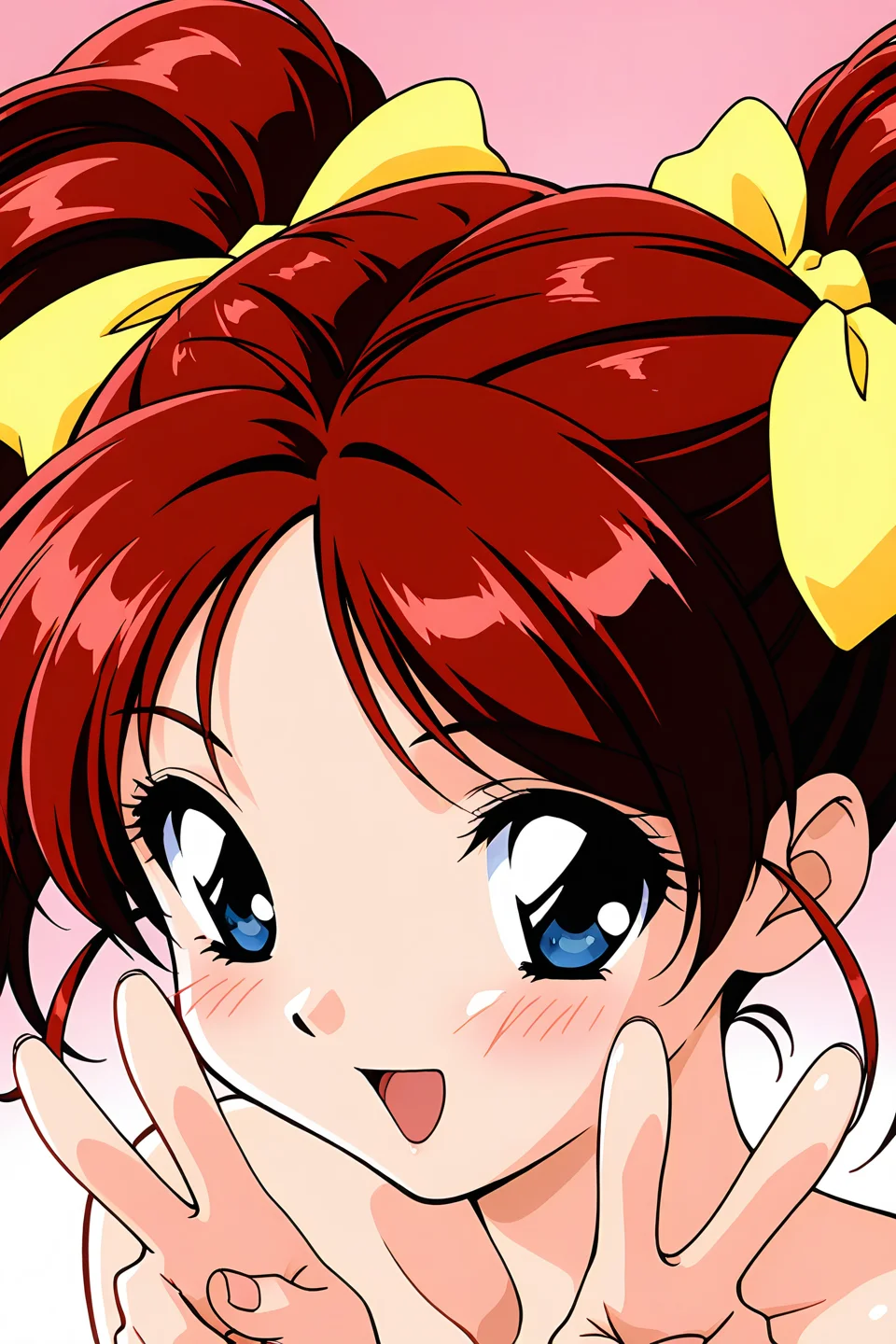 masterpiece, best quality, absurdres, official art, official style, rating general BREAK,
<lora:janjans1-hina_IL2_v1:0.7>, kawahara hina, 1girl, solo, red hair, blue eyes, parted bangs, short hair, short twintails, hair ribbon, yellow ribbon, retro artstyle, 1990s \(style\), anime coloring, shiny hair, small breasts,
close-up, open mouth, looking at viewer, portrait, double v, eye focus, smile, simple background, short hair, hands on own face, eyelashes, short twintails, hands up, pink background, gradient background, blush stickers