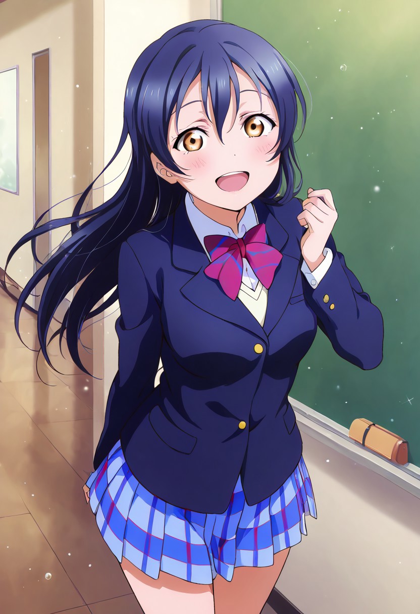 masterpiece, best quality, solo, 1girl, aged up, happy, 
umi_sonoda, long hair, bangs, hair between eyes, brown eyes, blue hair, skirt, jacket, blazer, winter uniform, otonokizaka school uniform,happy, standing,