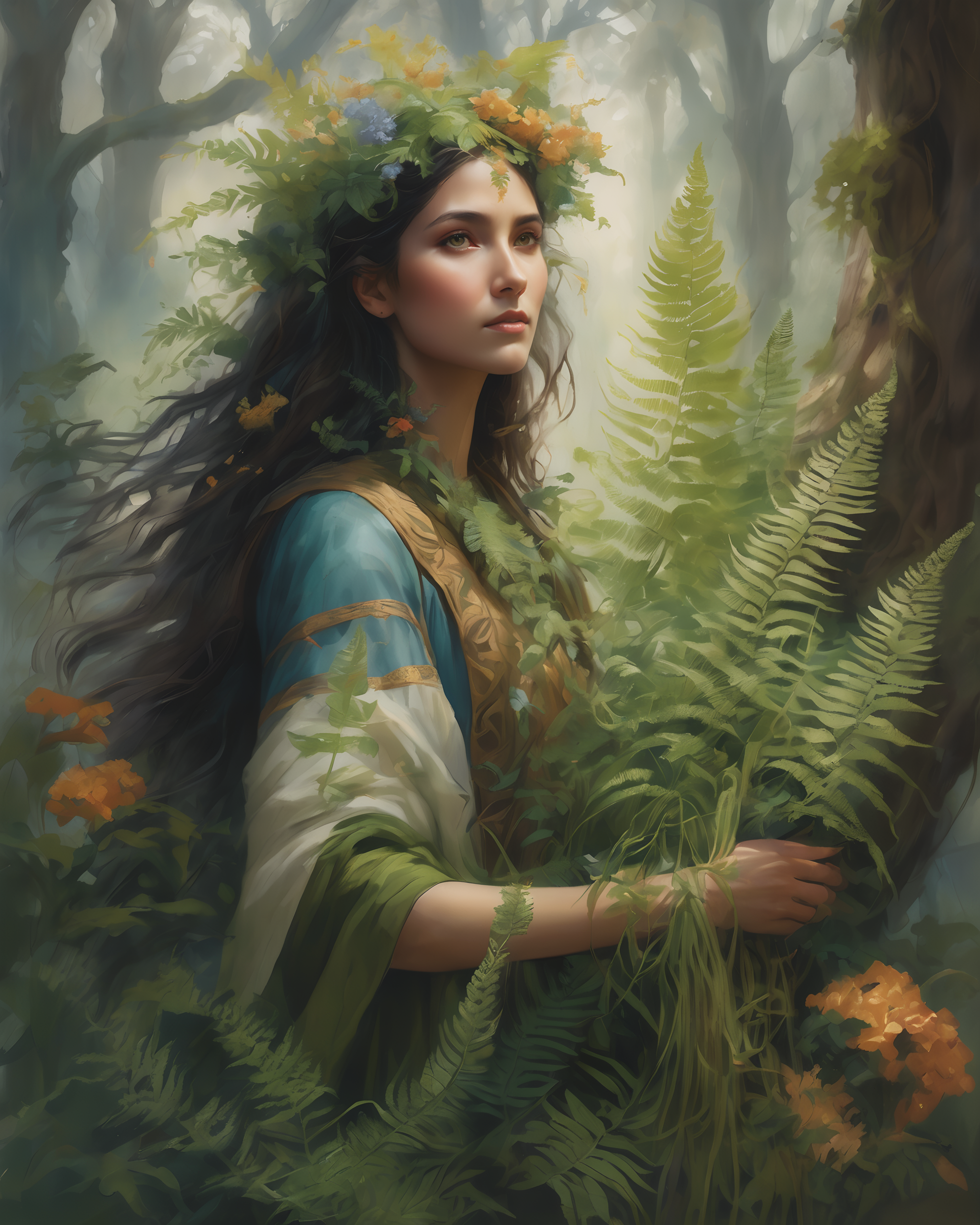 realistic, portrait, viewed from side, woman with earth-elemental powers, Ferns unfurling , Petals unfolding , Entwined vines , Bountiful harvest , Knotted trunks , Blooming flowers , Lush canopies , Winding tendrils , Tall grasses , Blossoming trees