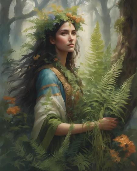 realistic, portrait, viewed from side, woman with earth-elemental powers, Ferns unfurling , Petals unfolding , Entwined vines , Bountiful harvest , Knotted trunks , Blooming flowers , Lush canopies , Winding tendrils , Tall grasses , Blossoming trees