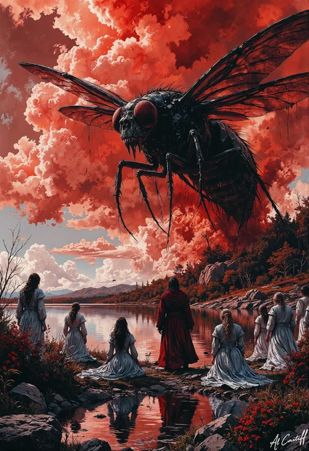 At the edge of a mirror-still lake, a coven of androgynous beings with iridescent skin and delicate, translucent wings gather in eerie unison. Their liquid silver garments ripple as they raise their arms toward the crimson sky, fingers twitching in a synchronized invocation. The air thrums with a low, droning hum as the water's surface begins to tremble. Beneath the lake, something colossal stirs. The water bulges, then erupts in a geyser of froth and chitin as a monstrous fly the size of a warship bursts forthâits veined wings glistening with mucus, its compound eyes reflecting the terrified faces of the summoners. The creature's buzz shakes the earth, dislodging rocks from the nearby volcano as it hovers, dripping, over the coven. The crimson-cloaked figure steps forward, arms outstretched in worship or surrender, while the others kneel, their once-graceful forms now trembling before the abomination they've unleashed, fg, B&W<lora:Flux/Stylized-Super-Texture.safetensors:0.5000000000000001:0.5000000000000001> <lora:Flux/It's a LoRA for portraits, BUT! actually specialized in backgrounds. v1.0.safetensors:0.25000000000000006:0.25000000000000006> <lora:Flux/Wraith_BW_Flux.safetensors:0.5000000000000001:0.5000000000000001> <lora:CustomFlux/MysticRealism.safetensors:0.7500000000000001:0.7500000000000001>