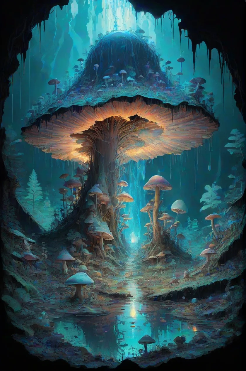 <lora:PE_EpicLand:0.8> PEEpicLand, illustration,
cave, water, wet, mushroom, glowing,