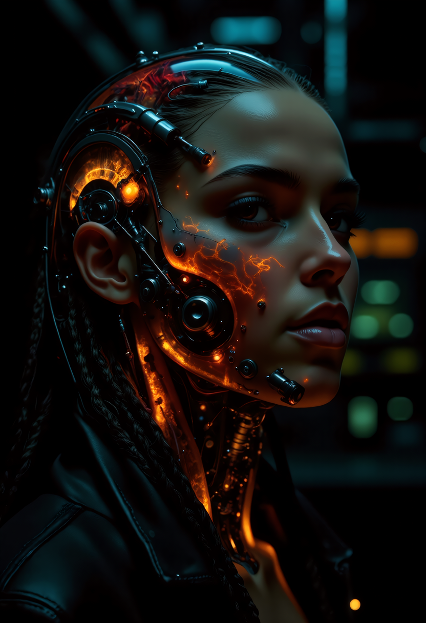 Delirium style, cybernetic woman with a strong, mechanical appearance. Her face is adorned with intricate metal and cybernetic components, including glowing orange lights and mechanical bolts. Her hair is long and braided, with strands of metal and wires visible. The background should be a dark, industrial setting with blurred lights and structures, giving a sense of a futuristic, sci-fi environment. The overall style should be dark and dramatic, with a focus on the intricate details of the cybernetic components. The subject's head is rendered in a mesmerizing, glowing, translucent material that seems to be a blend of organic and mechanical elements. The face and neck are encased in a clear, glass-like material, filled with intricate, swirling patterns of orange, red, and yellow hues, suggesting a mix of biological and technological components.  <lora:flux_realism_lora:0.8>,  <lora:MysticFantasy:0.8>,  <lora:ARTifacts:0.8>,  <lora:style_of_Alena_Aenami_FLUX_326_r1:0.7>, style of Alena Aenami, <lora:Delirium:0.8>, Delirium style,  <lora:style_of_H._R._Giger_FLUX_295:1>, style of H. R. Giger,âââ