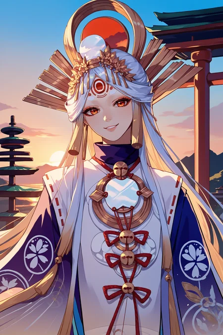 score_9, score_8_up, score_7_up, score_6_up, source_anime, 1girl, solo, <lora:miketsu-pdxl-nvwls-v1-000005:1> divmiketsu, white hair, makeup, headdress, hair ornament, japanese clothes, white dress, wide sleeves, sunset, blue sky, japanese architecture, looking at you, smile, upper body