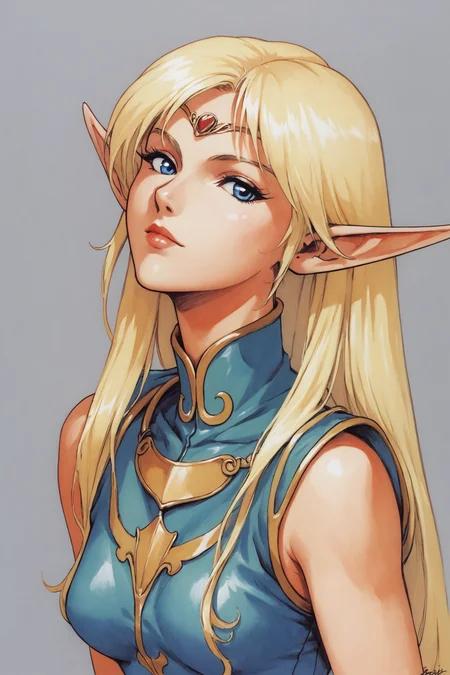 Deedlit,1girl,pointy ears,solo,blonde hair,elf,blue eyes,long hair,breasts,looking at viewer,white background,circlet,upper body,simple background,medium breasts,dress,sleeveless,lips,bangs,blue dress,closed mouth,retro artstyle,traditional media,painting \(medium\),score_9,score_8_up,<lora:Yutaka Izubuchi_XL_PONY:0.8>,