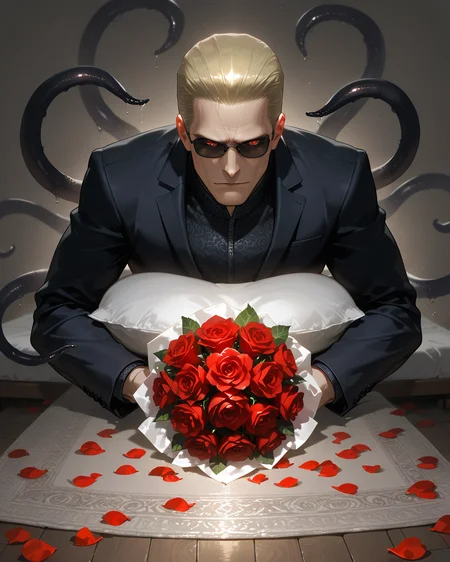 PonyScores7, source_anime, ah1
BREAK <lora:albertwesker-guy-PONYv1:0.8> albertwesker, albert wesker, 1boy, blonde, (sunglasses:1.3), looking at viewer, toned, athletic, fit, slicked back hair, mature male, short hair, (lying bed), (<lora:Indian_First_Night_Bed:0.8> bed, pillow, flower, heart, petals, rose, red flower, carpet, bouquet, red rose, rose petals, ornaments,), ((waving arms in frustration expression)), (focused, intense glare), (reddish orange eyes, slit pupils), (angular face, sharp_featured face), handsome, charming, alluring,  <lora:MC_superhuman:0.2> ((black tentacles, black tendrils))
BREAK <lora:xl_more_art-full_v1:0.2>, <lora:shinyskin2:0.2> glistening skin, <lora:aesthetic_anime_v1s:0.2>, <lora:Expressive_H:0.2> Expressiveh, <lora:hairdetailpxl:0.2> hairdetailpxl, <lora:EpicF4nta5yXL:0.2>, <lora:detailxl:0.2> detailxl, <lora:Fant5yP0ny:0.2>, best quality, amazing quality, best aesthetic, absurdres, <lora:expressive eyes:0.2> expressive eyes, <lora:eyedetailpxl:0.2> eyedetailpxl, illustration, Volumetric_Lighting, ultra-detailed, very aesthetic, intricate details, 8k, masterpiece, best_quality
BREAK (Bird's Eye View)
BREAK <lora:Eyes_High_Definition:0.3> EyesHD, Stable_Yogis_PDXL_Positives, AS-Adult, <lora:Complicated fantasy portrait - XL Pony V2.0:0.4>, bad-hands-5, AS-MidAged,