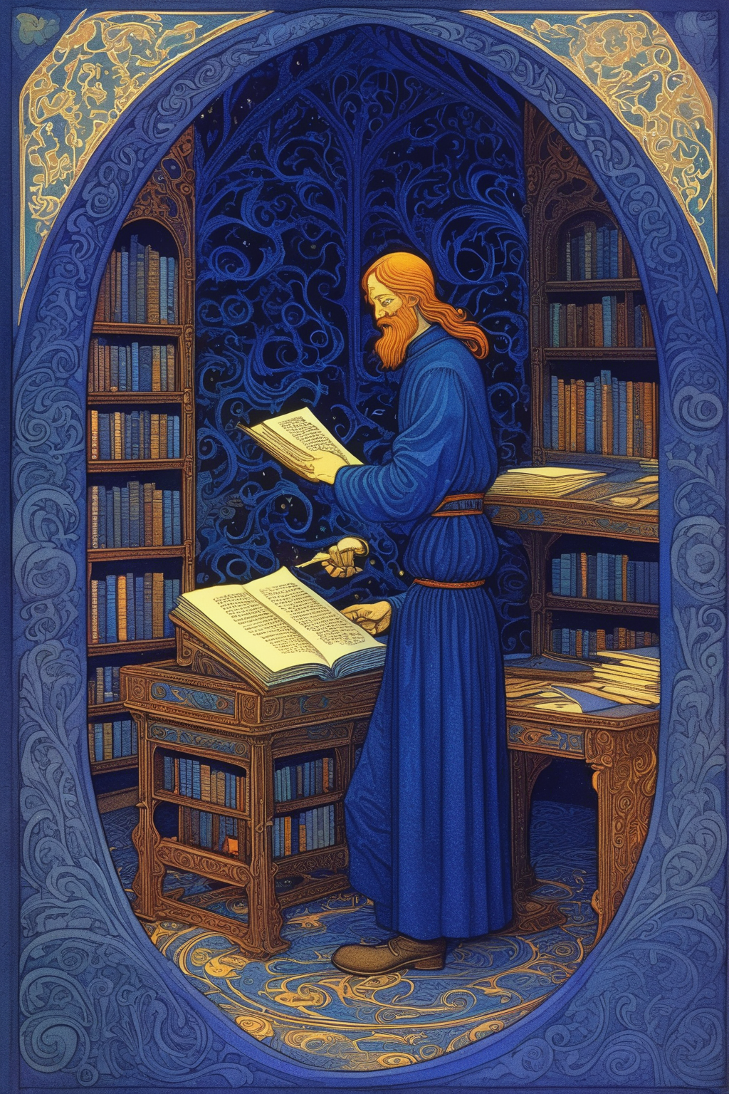 <lora:Ivan Bilibin Style:1>Ivan Bilibin Style - joyful Midlibrary Researcher by Ivan Bilibin. Deep blue hues