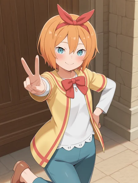 <lora:Petra Illu:1>1girl, solo,
petr4, short hair, orange hair, hair between eyes, blue eyes, red bow hairband,
petravillage, white shirt, red bowtie, yellow jacket, short over long sleeves, blue pants, brown footwear,
cowboy shot, single v pose, one hand on hip, blush, smile, standing on one leg,
<lora:Bartolomeobari Style Illustrious:1>, masterpiece, best quality, amazing quality