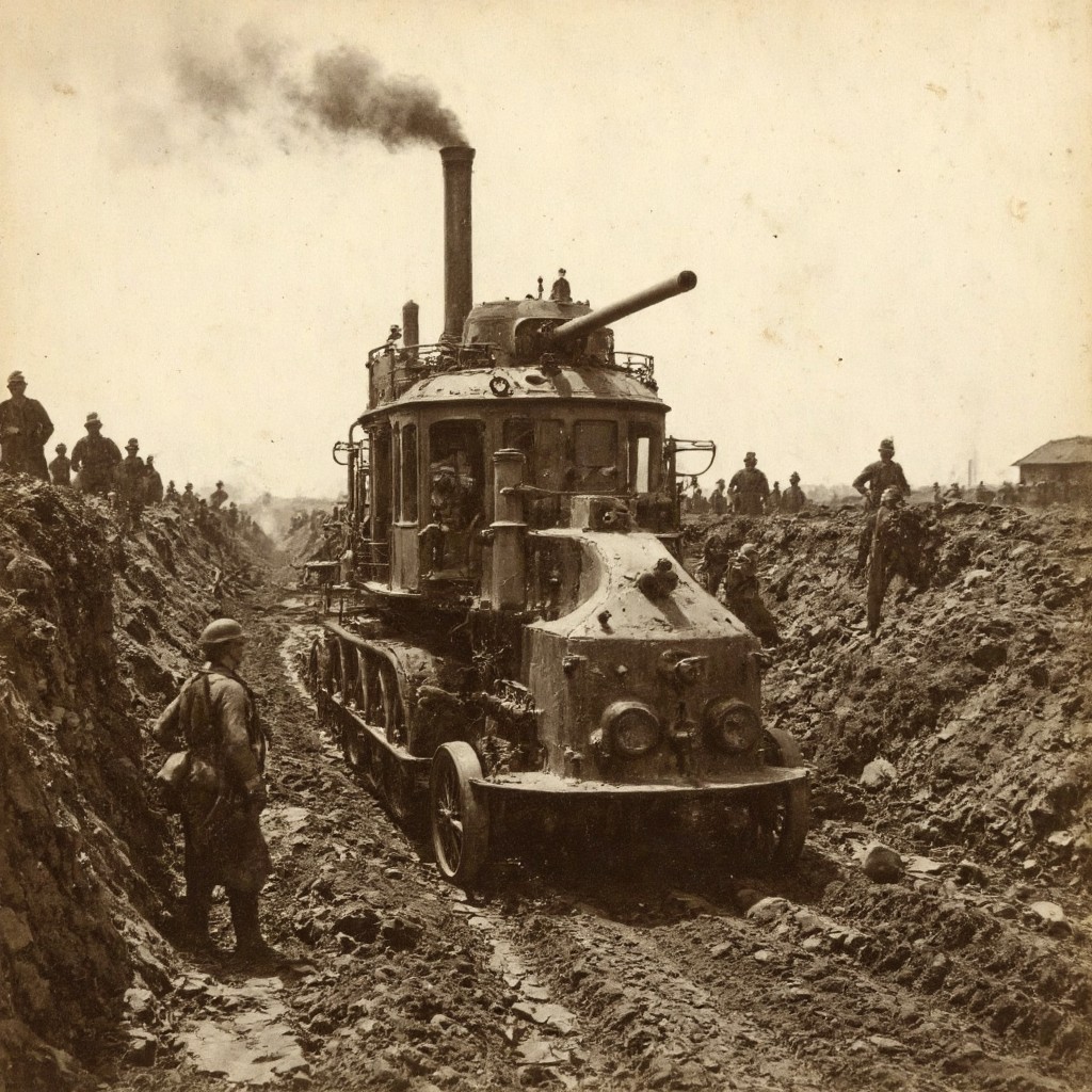 An aged worn sepia monochrome 1800s photograph of a steam powered mecha, turret with large canon, armless, no arms, walking robot, smokestacks up top, thick black smoke, walking through No-man's land between the allied trench line and the enemy trench line, soldiers in the trenches