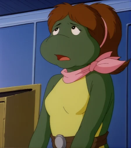 monalisatmnt, 1girl, green skin, belt, pink scarf, hairband, small breasts, upper body, indoors, looking up, open mouth, retro_artstyle, cartoon, source_cartoon, lowres, 1990s_(style), <lora:Mona_Lisa_TMNT_1987:1>