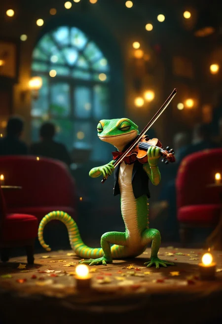 In the dimly lit atmosphere of an enchanting jazz bar, a tiny gecko captivates the audience with his mesmerizing violin performance. The emerald green lizard with brilliant orange spots is dressed in a small, black vest and a dashing red bowtie. His eyes are closed, fully immersed in the music, while his swaying tail adds a rhythmic touch to the performance. Fairy lights cast a warm glow across the stage, plush red booths, and the audience, creating an intimate and magical ambiance.