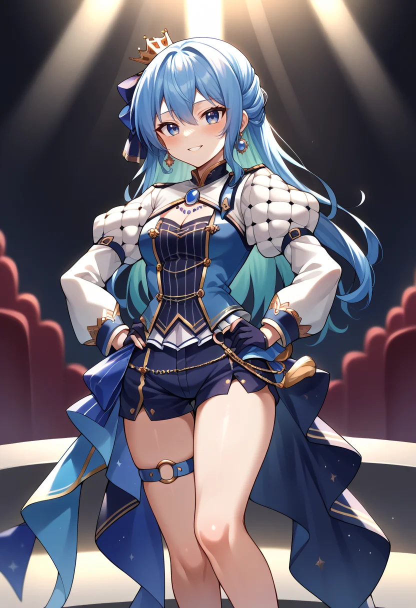 score_9, score_8_up, score_7_up, SuiseiStellar, long hair, half updo, tilted crown, white shrug \(clothing\), juliet sleeves, blue brooch, blue pinstripe shirt, blue vest, half gloves, blue shorts, half-skirt, o-ring thigh strap, single thigh boot, on stage, spotlights, hands on hips, smile, :d, blush, <lora:CHAR-HoshimachiSuiseiPonyXL:1>