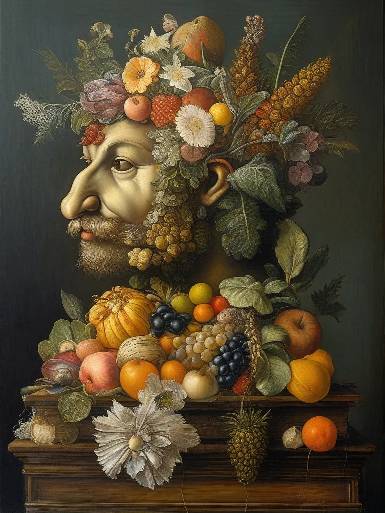 masterpiece,best quality,oil painting,illustration,bear,style of Giuseppe Arcimboldo,fruits,vegetables,flowers,fish and books,<lora:tbh108-sdxl:0.9>,