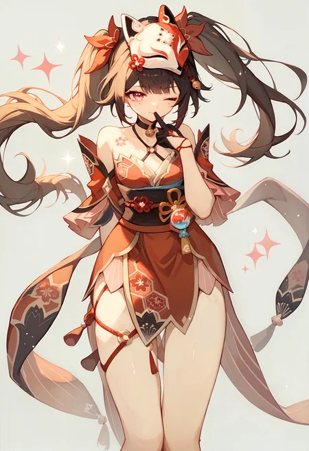 score_9, score_8_up, score_7_up, absurdres, 1girl, sparkle, mask on head, choker, single glove, bracelet, thigh strap, standing, arm behind back, finger to mouth, one eye closed, simple background, <lora:sparkle-strPO-v1-000008:0.9>