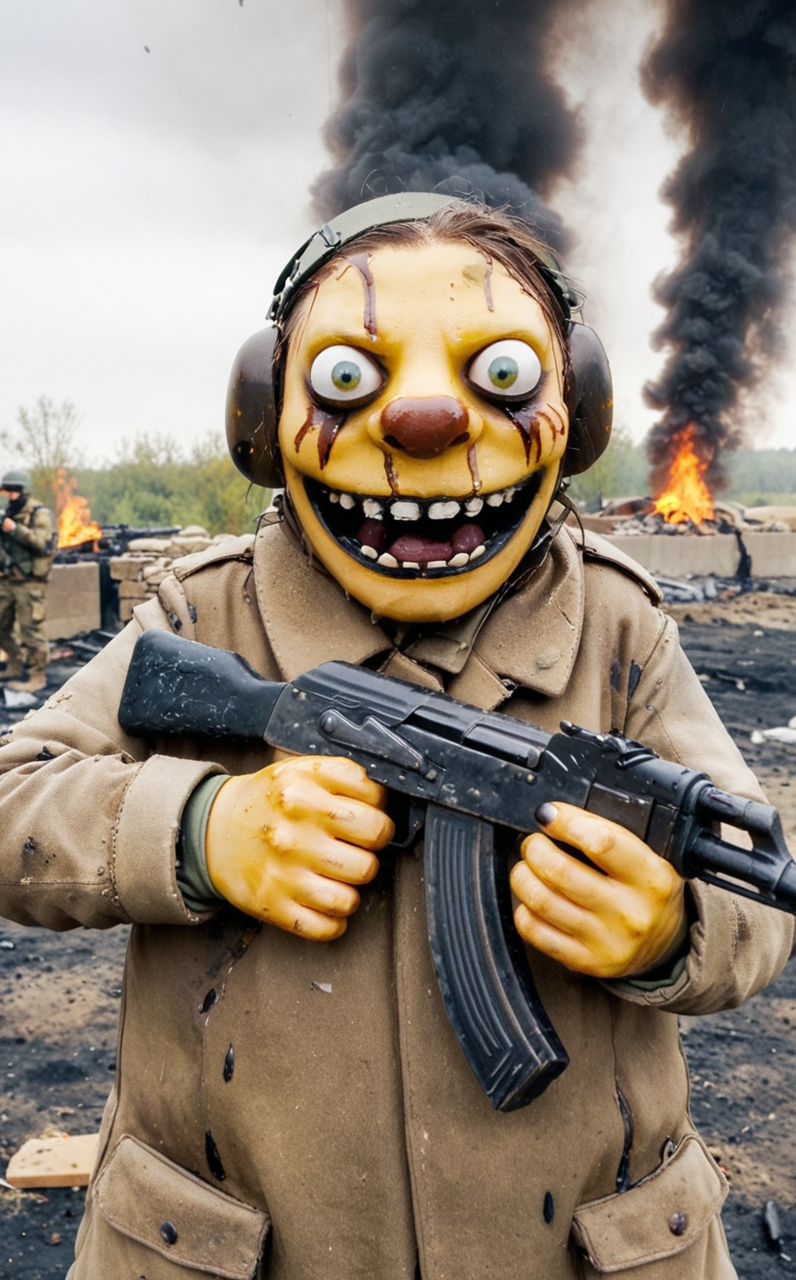 ((Crying cat)) holding an ((ak47lu)), holding with front paws, highly detailed, war footage, battlefield, trenches, explosions in background, dark, foggy, moody, muddy, gunfire, explosivions, dust clouds
<lora:dmd2_sdxl_4step_lora v1.0:1>, <lora:SPO-SDXL_4k-p_10ep_LoRA_webui:0.75>, <lora:LojkinXL:0.95>,  <lora:Fant5yP0ny:0.25>,  <lora:AK47_1:0.95>,   Ziprealism_neg