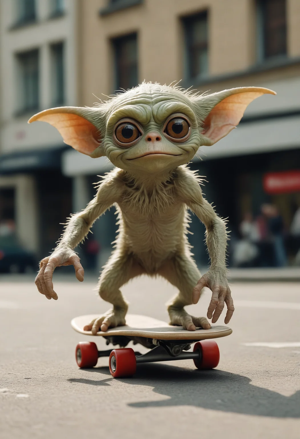 Leica portrait of a gremlin skateboarding, coded patterns, sparse and simple, uhd image, urbancore, sovietwave, period snapshot