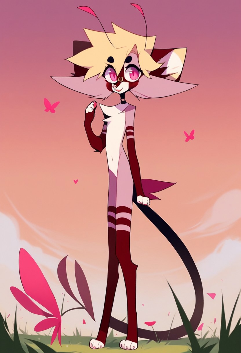 score_9, score_8_up, score_7_up, solo, Valentime, 1girl, source style, skinny, yellow cat nose, pink eyes, yellow sclera, yellow hair, long antennas, big eyes, Anthro, Madagascar Pink fur, Cat, fairy, cat fairy, yellow butterfly wings, by Pastarru, standing, looking at viewer, field, full body, sky,