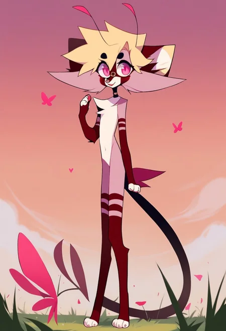 score_9, score_8_up, score_7_up, solo, Valentime, 1girl, source style, skinny, yellow cat nose, pink eyes, yellow sclera, yellow hair, long antennas, big eyes, Anthro, Madagascar Pink fur, Cat, fairy, cat fairy, yellow butterfly wings, by Pastarru, standing, looking at viewer, field, full body, sky,