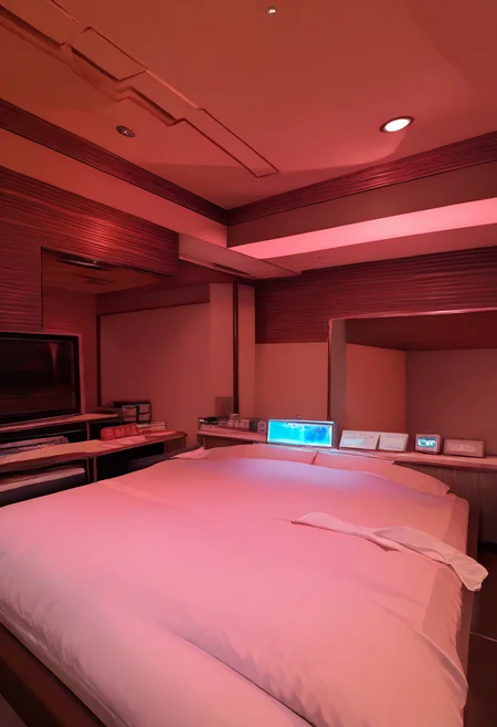 lovehotel, scenery, LHbedpanel, table, book, indoors, phone, bed, couch, television,
masterpiece, best quality, amazing quality, very aesthetic, absurdres, newest,
<lora:lovehotel_Illustrious_V1P:1>