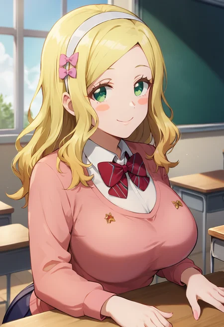 masterpiece,best quality, highly detailed, score_9, score_8_up, score_7_up, score_6_up,<lora:xl_more_art-full_v1:0.8>,
BREAK
<lora:carol:0.8>carol,blonde hair, smile, 1girl, school uniform, bow, hairband, green eyes, long hair, classroom, sweater, blush stickers, desk, breasts, school desk, solo focus, bowtie, looking at viewer, indoors, large breasts
