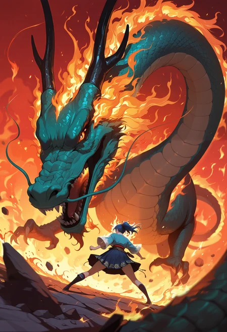 masterpiece, best quality, good quality, very aesthetic, absurdres, newest, 8K, depth of field, close up, 1girl, fighting, huge eastern dragon, dynamic angle, motion lines, battle, fiery background, flames, mist, asian, 