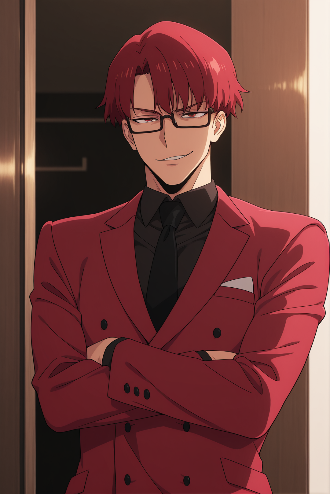1boy, solo, male focus, ChoiJongIn, glasses, red hair,  black necktie, red suit, red eyes, smirk, crossed arms
,masterpiece,best quality,amazing quality,  <lora:Choi_Jong-In:1>