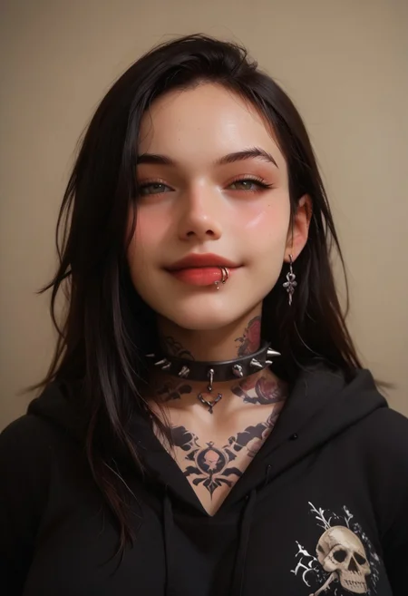 score_9_up, score_8_up, score_7_up, score_6_up, abstract, 1girl, solo, close view,
black hair, piercings, neck tattoos, tattoos, long hair, hair covering one eye, (lipring, lips, lip piercing, lip ring),
spiked collar,
black hoodie, huge breasts,
winter,
blush, shy smile, portrait, face focus, depth of field, looking at viewer,