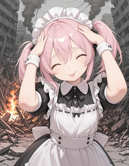 1girl, CivChan, (ah_eto_bleh:1.2), hands on own head, ^_^, :P, pink hair, eyes closed, head tilt, pigtails, rubble background, smoke, burning rubble, maid outfit, masterpiece, best quality, amazing detail, high definition