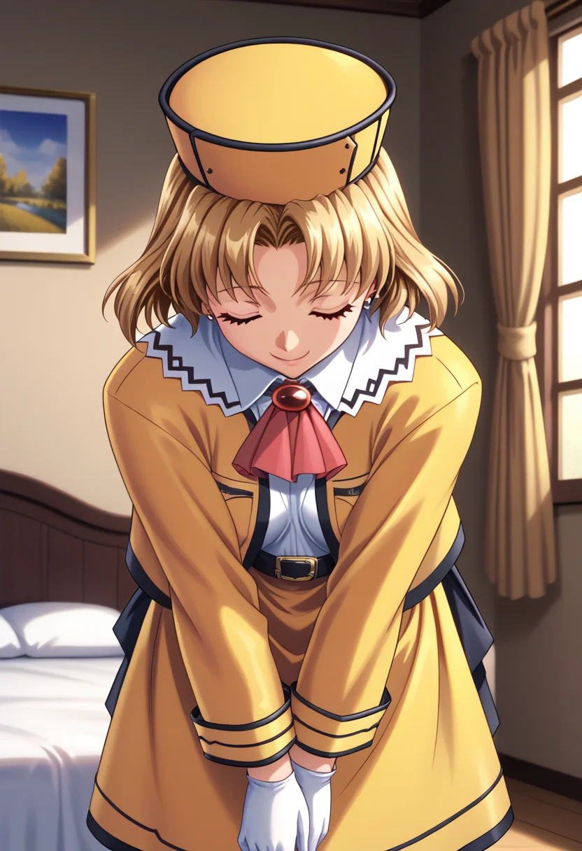 score_9, score_8_up, score_7_up, BREAK <lora:KuraruSada:1> ,sanadak, 1girl, yellow hat, white gloves, closed eyes,white collar,blonde hair, short hair, bowing, leaning forward,yellow skirt, v arms, red ascot, red brooch,smile, white shirt, yellow jacket, long sleeves,black belt,indoors,bedroom,