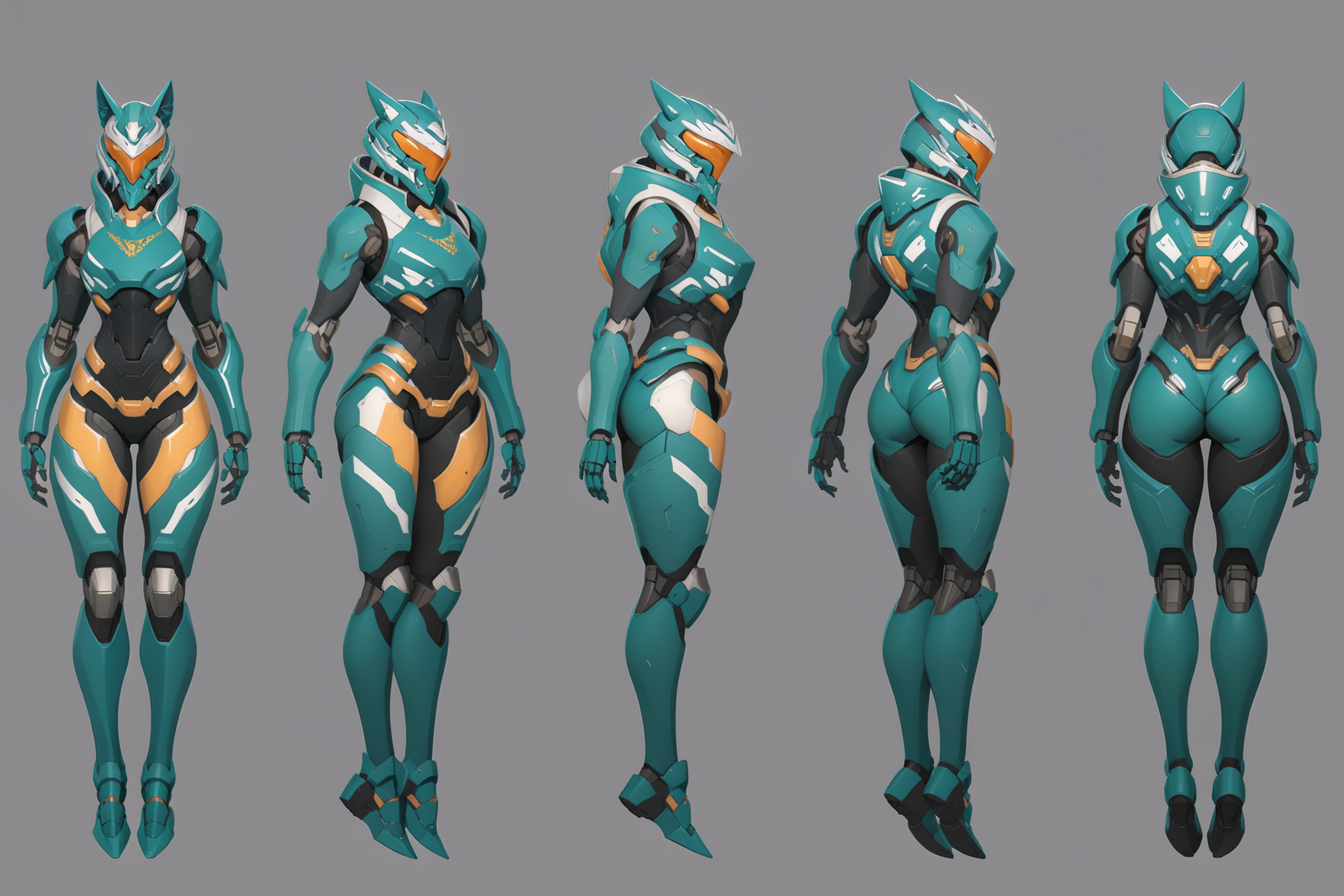 (GENERAL:0), mecha, robot, masterpiece, best quality, very aesthetic, absurdres, solo, standing,
(VIEWS:0),  full body character turnaround of mecha,
Multiple views of the same mecha,  (simple background, white background:1.2), multiple views, side view, back view, front view, 
sunglasses, goggles,
mask, helmet,
Wolf\(animals\)ï¼
slayer Praetor suit\(Doom\),
plate armor, power suit, alien,
android, cybersuit, upper armor, mechanical arms, machinery, prosthesis,
(bodyshape:0), Well-proportioned body,
(clothing:0), (Wide-leg pants, tucked in tee, sneakers:0.6), 
(cyan  
post-Apocalypse  theme character design:1.1),
 <lora:MechTurnXLRemix_v1:.75>
 <lora:MechTurnXL_v1:.25>
<lora:ClothTurnXLRemix_v1-000004:.25>
 <lora:ClothTurnXL_v1-000004:0.25> 
<lora:CharTurnXL_v2:0.25>
 <lora:xl_more_art-full_v1:.25>,
 <lora:Alphonse Mucha Style:.1>, Alphonse Mucha Style page
 <lora:å½é£æç»SDXL:.1>
