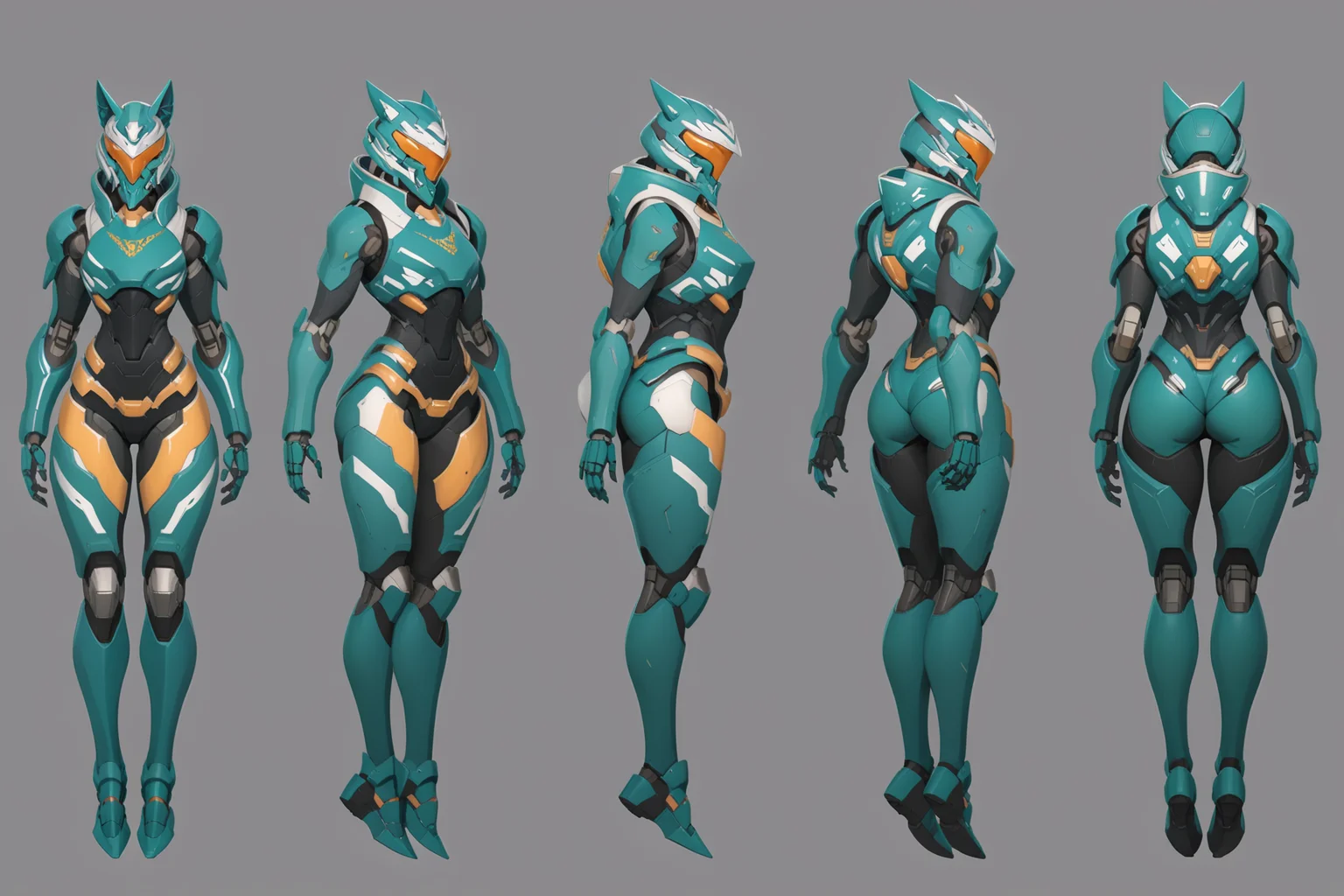 (GENERAL:0), mecha, robot, masterpiece, best quality, very aesthetic, absurdres, solo, standing,
(VIEWS:0), full body character turnaround of mecha,
Multiple views of the same mecha, (simple background, white background:1.2), multiple views, side view, back view, front view,
sunglasses, goggles,
mask, helmet,
Wolf\(animals\)ï¼
slayer Praetor suit\(Doom\),
plate armor, power suit, alien,
android, cybersuit, upper armor, mechanical arms, machinery, prosthesis,
(bodyshape:0), Well-proportioned body,
(clothing:0), (Wide-leg pants, tucked in tee, sneakers:0.6),
(cyan
post-Apocalypse theme character design:1.1),
<lora:MechTurnXLRemix_v1:.75>
<lora:MechTurnXL_v1:.25>
<lora:ClothTurnXLRemix_v1-000004:.25>
<lora:ClothTurnXL_v1-000004:0.25>
<lora:CharTurnXL_v2:0.25>
<lora:xl_more_art-full_v1:.25>,
<lora:Alphonse Mucha Style:.1>, Alphonse Mucha Style page
<lora:å½é£æç»SDXL:.1>