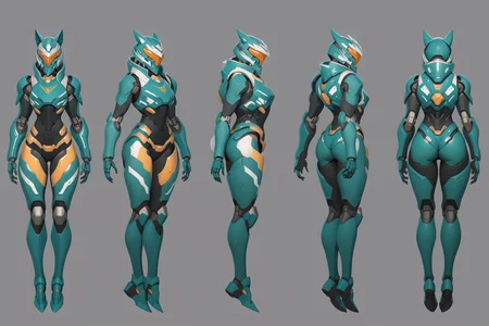 (GENERAL:0), mecha, robot, masterpiece, best quality, very aesthetic, absurdres, solo, standing,
(VIEWS:0),  full body character turnaround of mecha,
Multiple views of the same mecha,  (simple background, white background:1.2), multiple views, side view, back view, front view, 
sunglasses, goggles,
mask, helmet,
Wolf\(animals\)ï¼
slayer Praetor suit\(Doom\),
plate armor, power suit, alien,
android, cybersuit, upper armor, mechanical arms, machinery, prosthesis,
(bodyshape:0), Well-proportioned body,
(clothing:0), (Wide-leg pants, tucked in tee, sneakers:0.6), 
(cyan  
post-Apocalypse  theme character design:1.1),
 <lora:MechTurnXLRemix_v1:.75>
 <lora:MechTurnXL_v1:.25>
<lora:ClothTurnXLRemix_v1-000004:.25>
 <lora:ClothTurnXL_v1-000004:0.25> 
<lora:CharTurnXL_v2:0.25>
 <lora:xl_more_art-full_v1:.25>,
 <lora:Alphonse Mucha Style:.1>, Alphonse Mucha Style page
 <lora:å½é£æç»SDXL:.1>