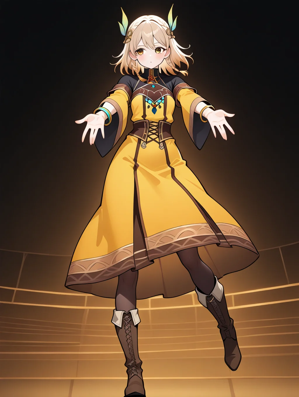 perfect quality,best quality,absolutely eye-catching,ambient occlusion,raytracing BREAK
1girl,<lora:rutea IL v1.2:0.8>,rutea,brown eyes,medium hair,braid,hair ornament,black shirt,yellow dress,wide sleeves,bracelet,boots,pantyhose,solo,long skirt,, pov, looking away,macro_shot,the_pose,hand_gesture,outstretched_arms,open_stance,