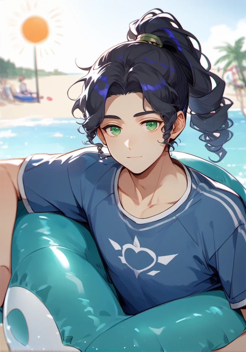 score_9, score_8_up, score_7_up, masterpiece, best quality, 1boy, solo, yong boy, <lora:MaiLanPony:1> meilan, ponytail, black hair, green eyes, upper body,blue t-shirt, swimming trunks, beach, sun, inflatable ball