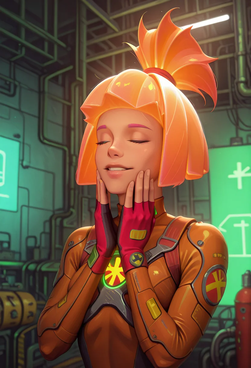masterpiece, high quality, f33lsg00d, s1mk4, 1girl, solo, hands on own face, closed eyes, parted lips, light smile, upper body, orange hair, topknot, bob cut, bodysuit, fingerless glowes, factory,