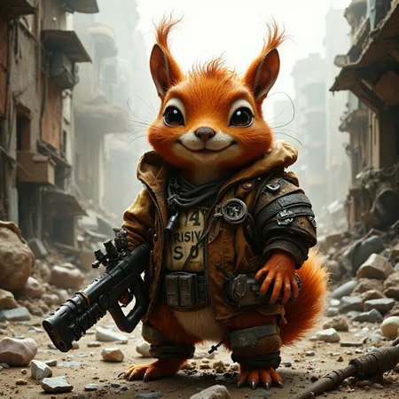 0y5top1a8e A red squirrel as post apocalyptic warrior, wearing a leather jacket and scavenged junk for armor, carrying a makeshift pistol, exploring the bombed out remains of a city