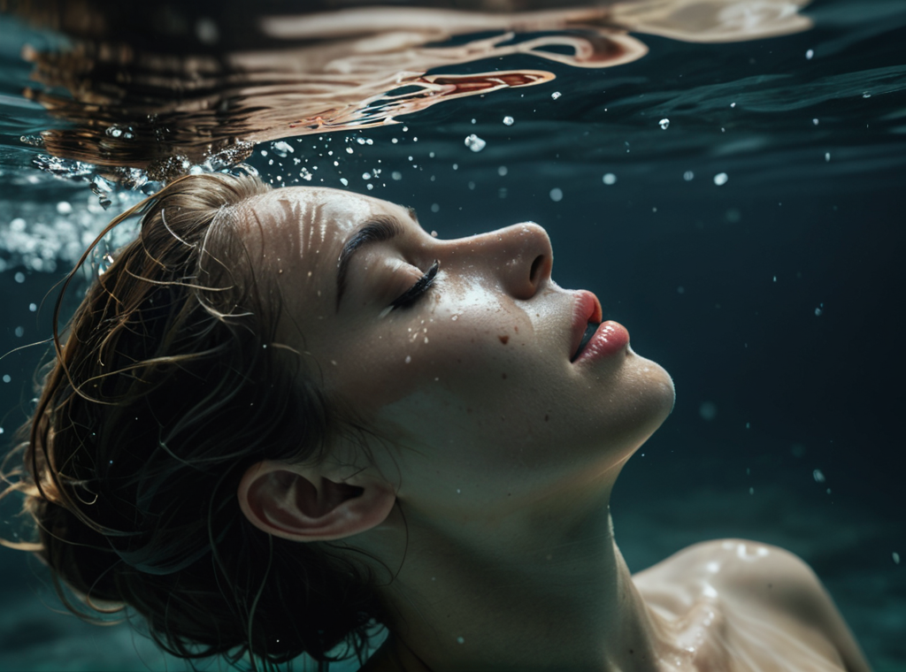 model lying on her back, close-up of nose and lips in profile, emerging from the water, (image half underwater and half above water), low angle, dark tones, photo quality, 4K