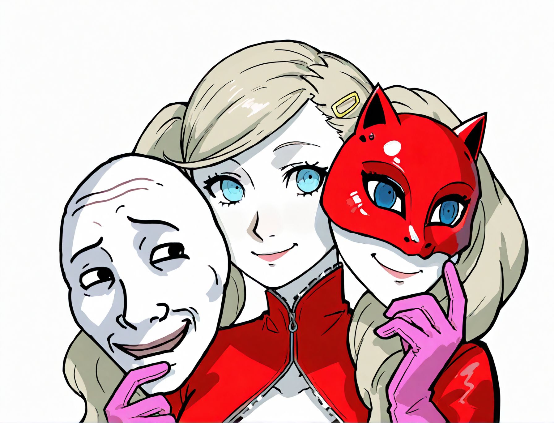 toon \(style\), 2d,
<lora:Wojak_style:1.1>Wojak style,
1girl,solo,holding mask, m 
mask,holding,smile,
wojak mask,  under wojack mask,holding mask,
Wojak style,  
takamaki anne,blond hair,twin tails,blue eyes, 
persona 5, 
white background, simple background, 
white skin,ugly man,