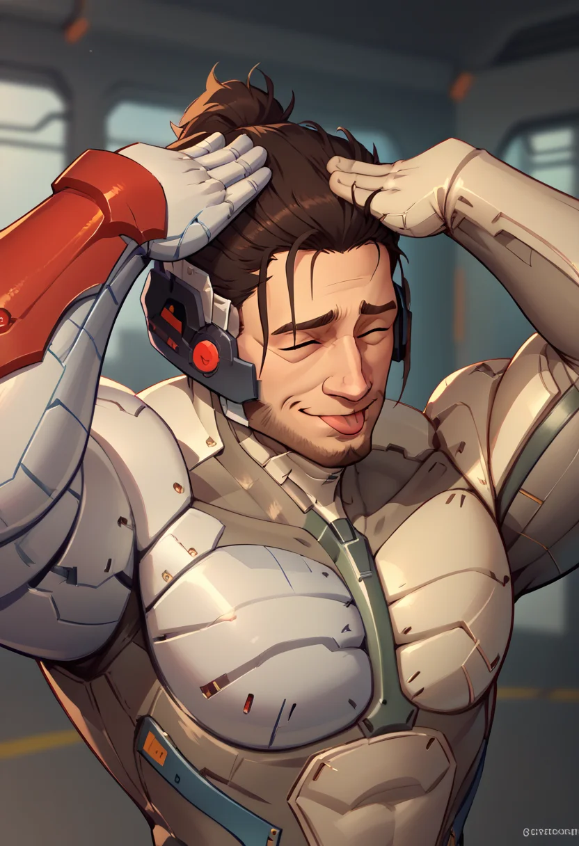 score_9, score_8_up, score_7_up, AhEtoBlehMeme, closed eyes, tongue out, :p, hands on own head, smile,  <lora:AhEtoBlehMeme_pdxl_Incrs_v1:1>,  <lora:JetstreamSam_XLPD:0.8> JetstreamSam, cyborg, bodysuit, headgear, beard