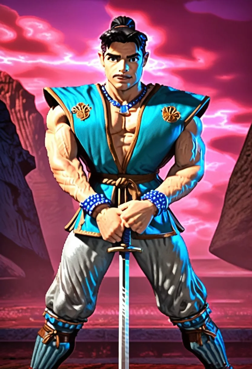 DonMC0m1cM4g1cXL, (dark, fantasy, magical, eerie) score_9, score_8_up, score_7_up, score_6_up, Kaze_Primal, black eyes, black hair, long hair, ponytail, blue gi-esque garment, brown lining, brown belt, two brown medallions on the chest, white pants, brown boots, armored boots, Kogake, necklace, wristbands , katanal, BREAK, background, plain, purple sky