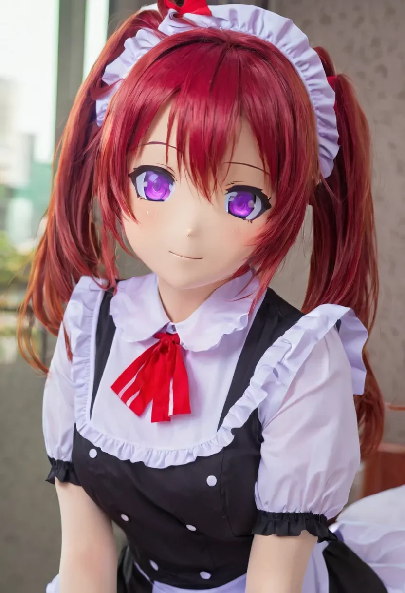 animegao cute girl, maid uniform, purple eyes, red hair <lora:agkr-sdxl-v1:1>