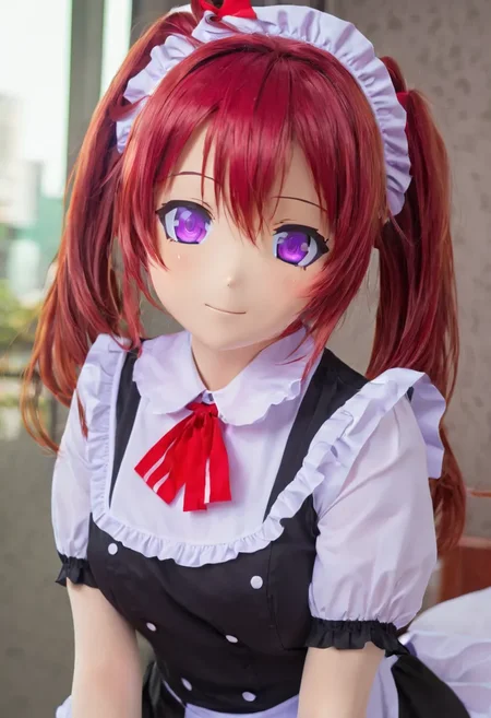 animegao cute girl, maid uniform, purple eyes, red hair  <lora:agkr-sdxl-v1:1>