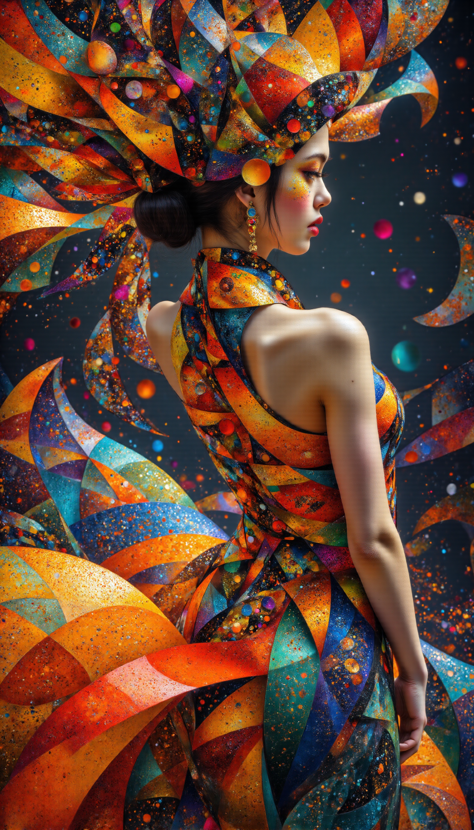 This is a fantasy-themed illustration featuring a colorful and hyper-realistic style. a stunning supermodel, featuring a beautifully detailed face with captivating eyes and a serene expression, detailed skin texture, (blush:0.5), (goosebumps:0.5), subsurface scattering, Her hair is styled in an intricate and unique fashion, adding to her ethereal and timeless aura, a contemporary colorful dress, composition, sophisticated, striking, artistic, innovative, aesthetic, futuristic, cutting-edge, elegant, chic, colorful, The composition blends modern and traditional elements with a neo mode, avant-garde style, characterized by elegant lines, vibrant colors, and exquisite details, The image showcases her natural beauty, focusing on her flawless skin and delicate features, The lighting enhances her features, creating a soft interplay of light and shadow, while the high-resolution quality captures every detail with photorealistic clarity,   folded pose, from behind, looking back, (from below:0.6), (dutch angle:0), upper body, breast focus, 
 <lora:midjourney_whisper_chromaplex_v1:0.9>, <lora:midjourney_whisper_flux_lora_v01:1>,