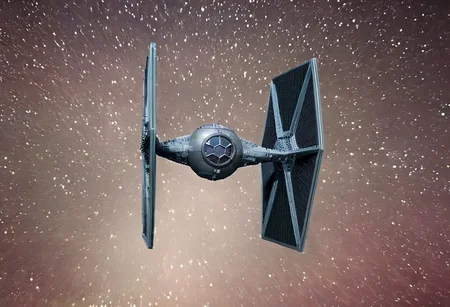 TIE fighter a star wars tie fighter flying through a city,military,no humans,night,star (sky),flying,science fiction,realistic,aircraft,space,vehicle focus,spacecraft , star wars style, battle, laser beam from tie fighter, green weapon, burstfir, shallow depth of field, vignette, highly detailed, high budget, bokeh, cinemascope, moody, epic, gorgeous, film grain, grainy