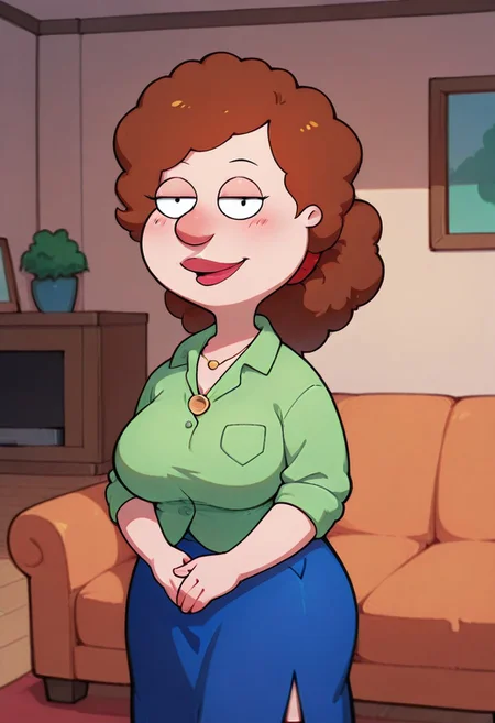 score_9,score_8_up,score_7_up,score_6_up,best quality, 1girl, solo, living room, couch, indoors,
BREAK
unnamed girl, brown hair, black eyes, big nose, (mature female:1.5), (plump:1.2), large breasts, gigantic hips, thick thighs, green sweater, rolled up sleeves, blue skirt, stockings, own hand together, blush, smile, looking at viewer, long skirt, half-closed eyes, necklace,