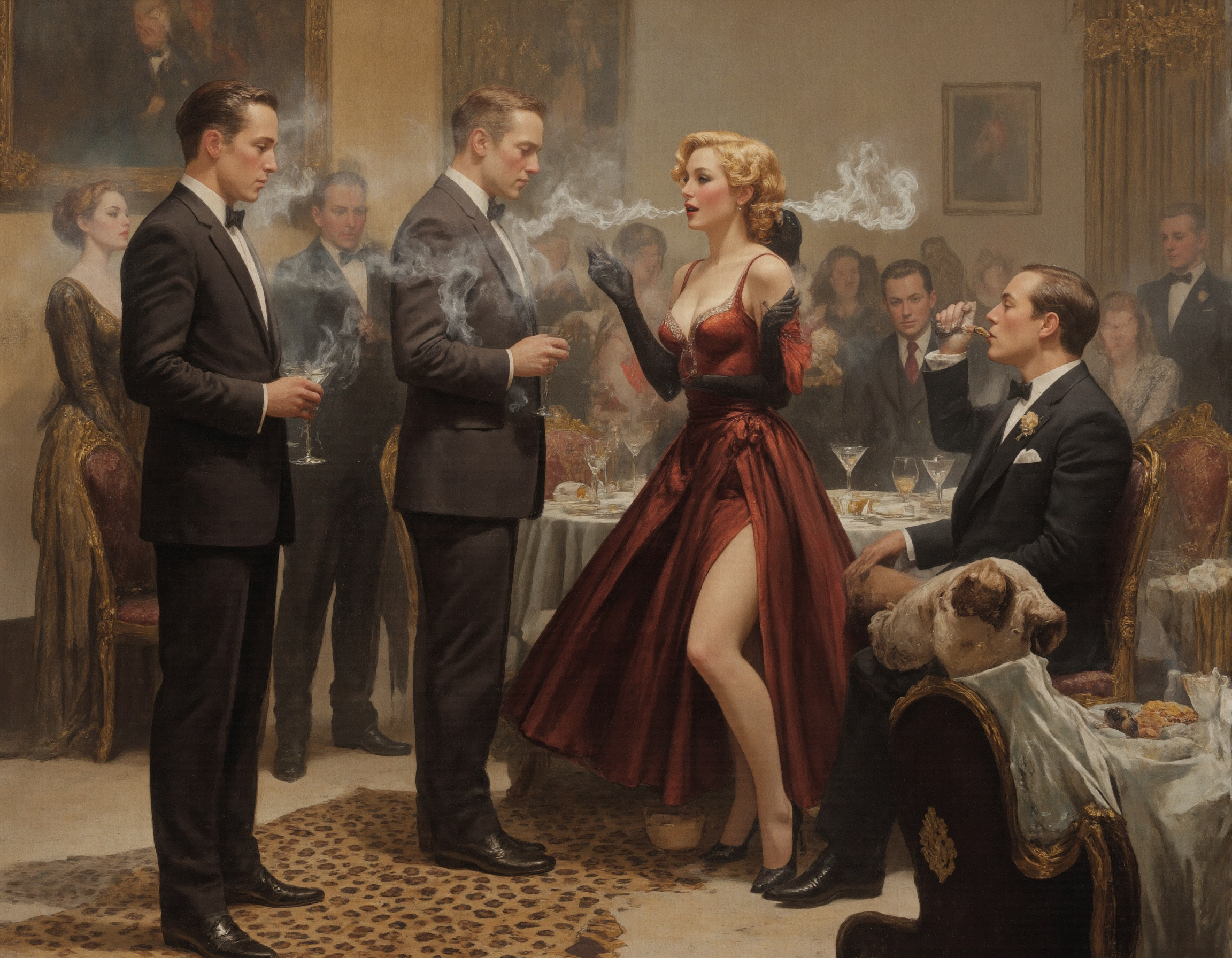 Norman Rockwell style AA swanky 1950s Manhattan cocktail party, dripping with mid-century glamourâmen in sharp suits, women in tight cocktail dresses with plunging necklines. Jerry Finn, slightly tipsy, stands in the center, charming a glamorous socialite with his broken English and over-the-top compliments. She responds with a coy smile, twirling her martini glass, while her jealous husband, a portly businessman with a comically red face, glares, clutching his cigar. The room is a haze of cigarette smoke, with a tacky leopard-print rug and gaudy gold decor amplifying the ridiculousness, <lora:MysticXXX-V7:0.5>, <lora:Dark_Fantasy_Pulp_Pinup:0.5> . Realistic, narrative, Americana, detailed, "abstract
