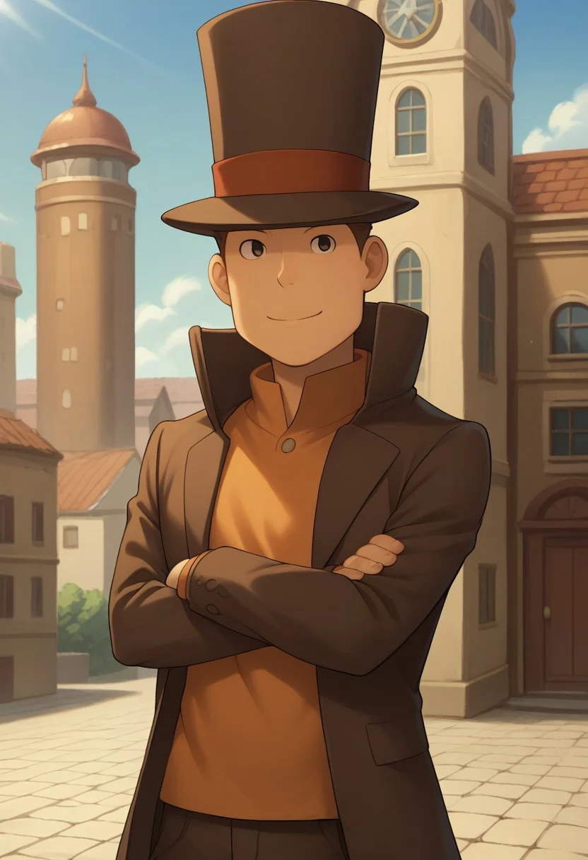 score_9, score_8_up, score_7_up, source_anime, highly detailed,
proflayton, hat, solo, 1boy, male focus, top hat, brown hair, upper body, standing, smile, shirt, orange shirt, brown jacket, brown pants, closed mouth, crossed arms,
outdoor, sky, building, steampunk