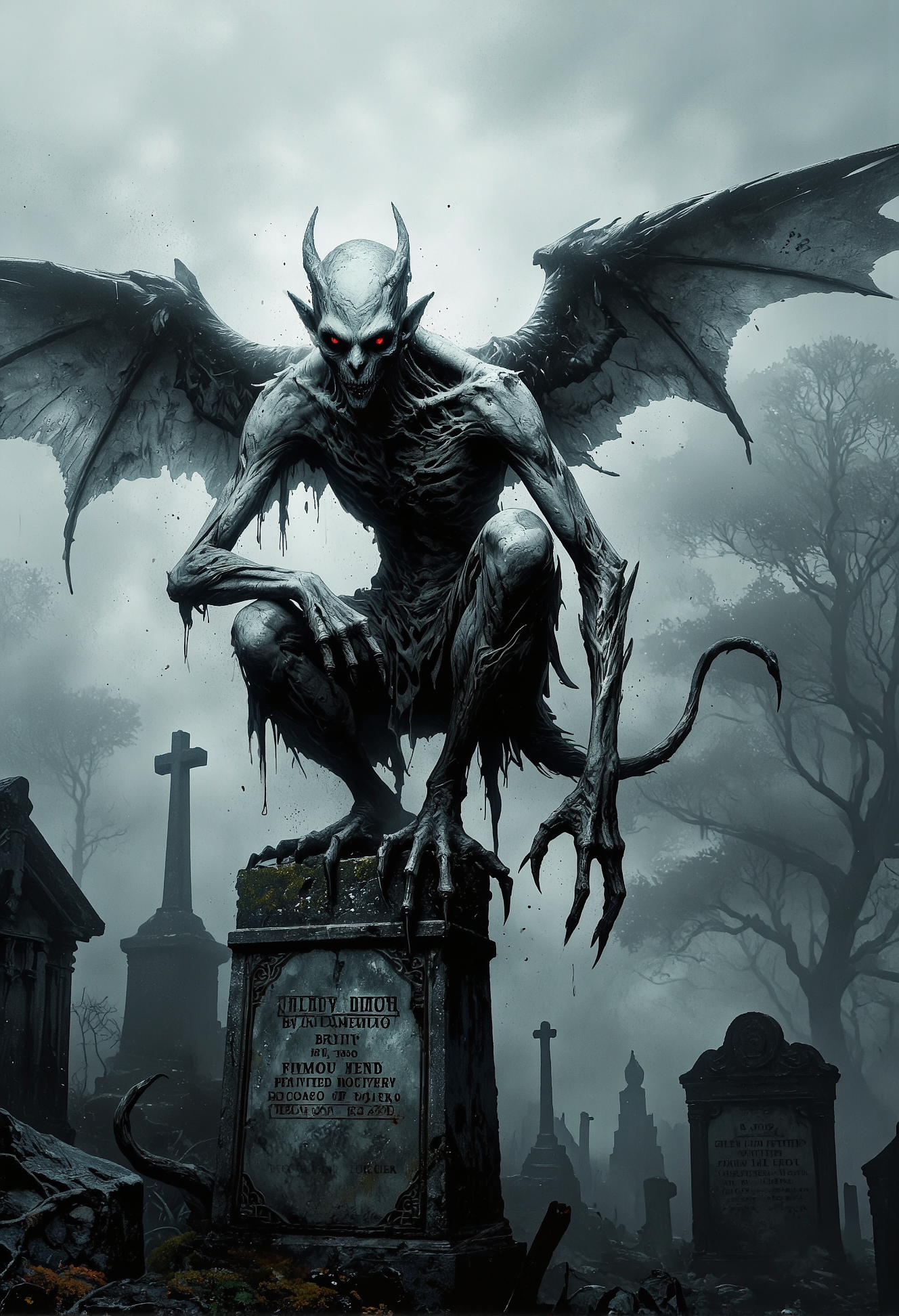 A pale, vampiric figure with talons instead of fingers, perched on a gravestone, its crimson eyes scanning the foggy cemetery <lora:Dever_Flux_Enhancer.safetensors:0.5>,  <lora:- Flux1 De-Distilled - temp_haunting_cre_1.0.safetensors:0.75>,  <lora:RM_Artistify_v1.0M.safetensors:0.95>,